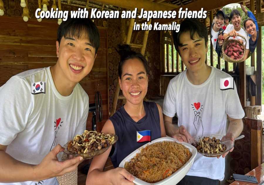 Cooking with Korean and Japanese friends for the firsttime [Sisig & Pancit] + Harvesting Camote